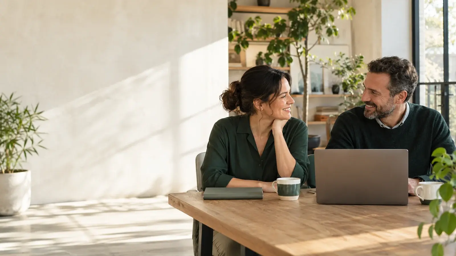 Two finance colleagues sharing a relaxed smile beside a laptop after reviewing their work